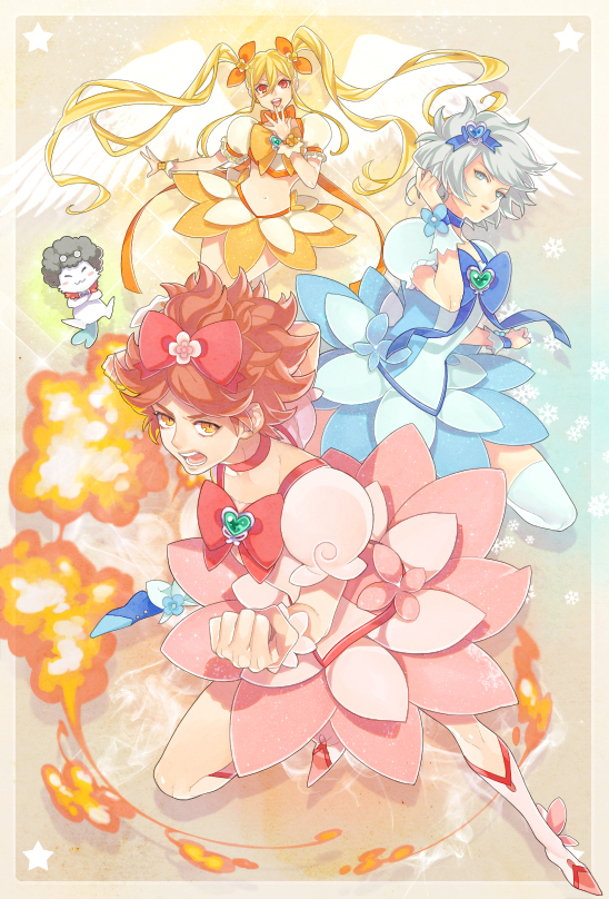 afro, afuro_terumi, angel_wings, aphrodi, blonde_hair, blue_eyes, bow, chae_chan-soo, cosplay, crop_top, crossdressing, crossdressinging, cure_blossom, cure_blossom_(cosplay), cure_marine, cure_marine_(cosplay), cure_moonlight, cure_sunshine, cure_sunshine_(cosplay), dress, fire, glasses, grey_hair, hair_bow, hair_ribbon, heartcatch_precure!, heartcatch_pretty_cure!, inazuma_eleven, inazuma_eleven_(series), kinm, long_hair, magical_boy, magical_girl, male, midriff, multiple_boys, nagumo_haruya, navel, open_mouth, orange_eyes, precure, pretty_cure, puffy_sleeves, red_eyes, red_hair, redhead, ribbon, short_sleeves, skirt, snowflakes, star, suzuno_fuusuke, trap, twintails, very_long_hair, white_hair, wings, wrist_cuffs