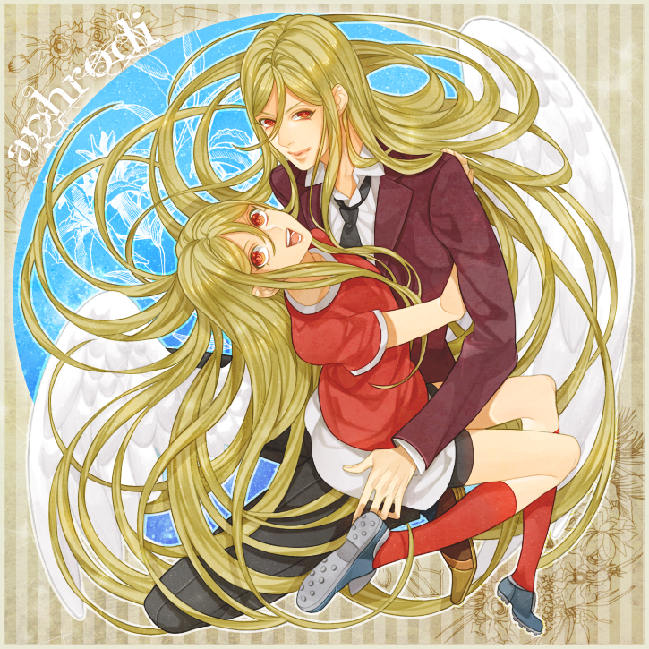 afuro_terumi, age_comparison, androgynous, angel_wings, bad_id, bike_shorts, blonde_hair, crossover