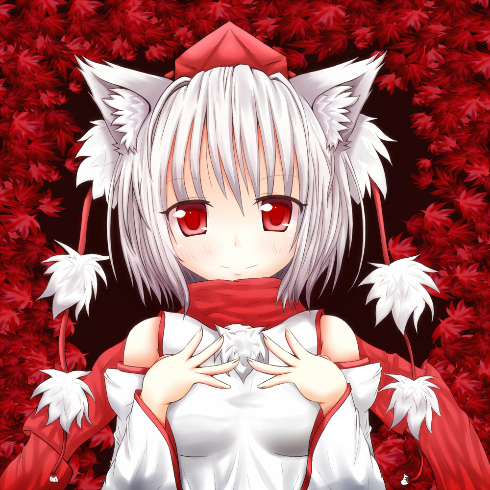 animal_ears, bare_shoulders, bust, detached_sleeves, hands_on_own_chest, hat, inubashiri_momiji, leaf