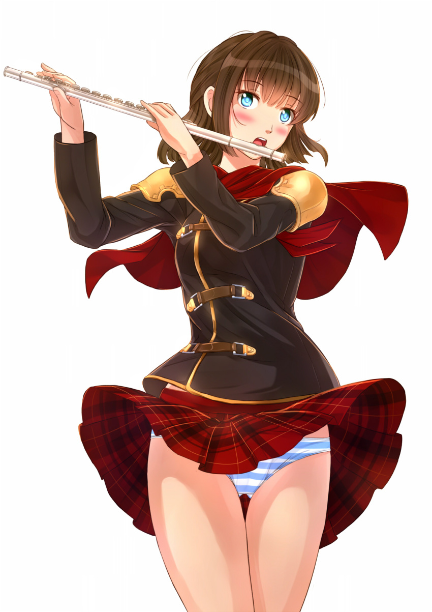 aqua_eyes, blush, brown_hair, deuce_(fft-0), duece_(fft-0), final_fantasy, final_fantasy_type-0, flute, highres, instrument, kazeno, panties, short_hair, solo, striped, striped_panties, thigh_gap, thighs, underwear, upskirt