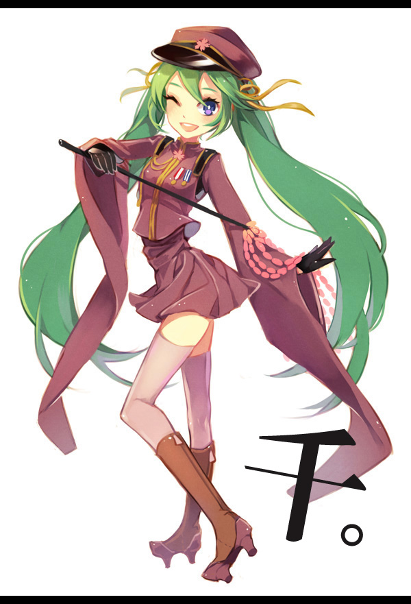 green_hair, hat, hatsune_miku, letterboxed, long_hair, peaked_cap, senbon-zakura_(vocaloid), siting_zeng