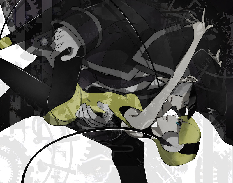 1girl, bare_shoulders, black_legwear, blonde_hair, blue_eyes, choker, coat, couple