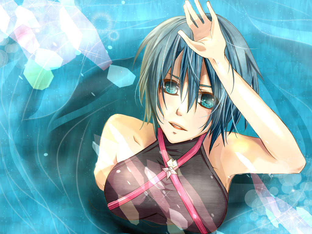 aqua_(kingdom_hearts), bare_shoulders, blue_eyes, blue_hair, hanadog, kingdom_hearts, kingdom_hearts_birth_by_sleep, short_hair