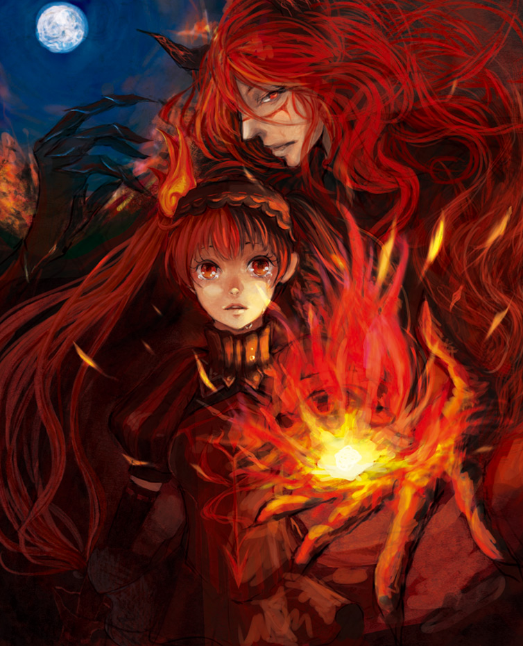 burning, claws, demon, detached_sleeves, face, facial_mark, fire, flame