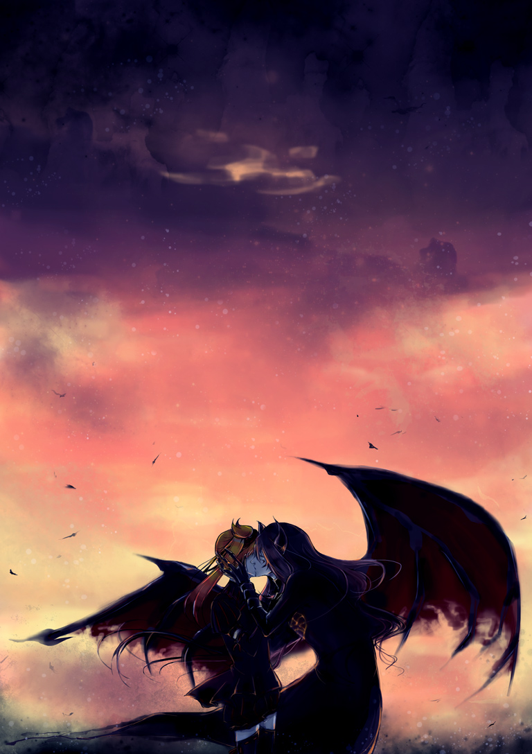 1girl, black_gloves, black_legwear, brown_hair, burning, closed_eyes, couple, demon