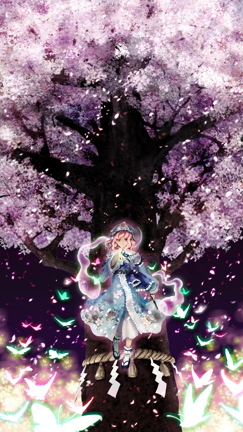 cherry_blossoms, fan, ghost, glowing, hat, highres, hitodama, japanese_clothes, kimono, miyuki_ruria, miyukiruria, petals, pink_eyes, pink_hair, saigyou_ayakashi, saigyouji_yuyuko, shimenawa, short_hair, smile, solo, tabi, touhou, tree