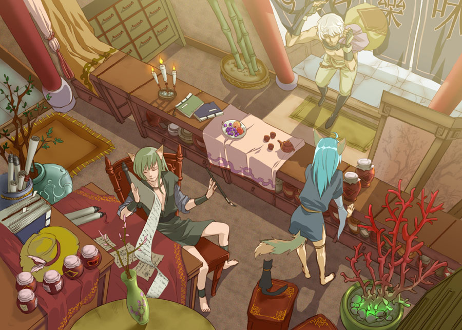bag, bamboo, barefoot, blue_hair, book, cat, cat_ears, cat_tail