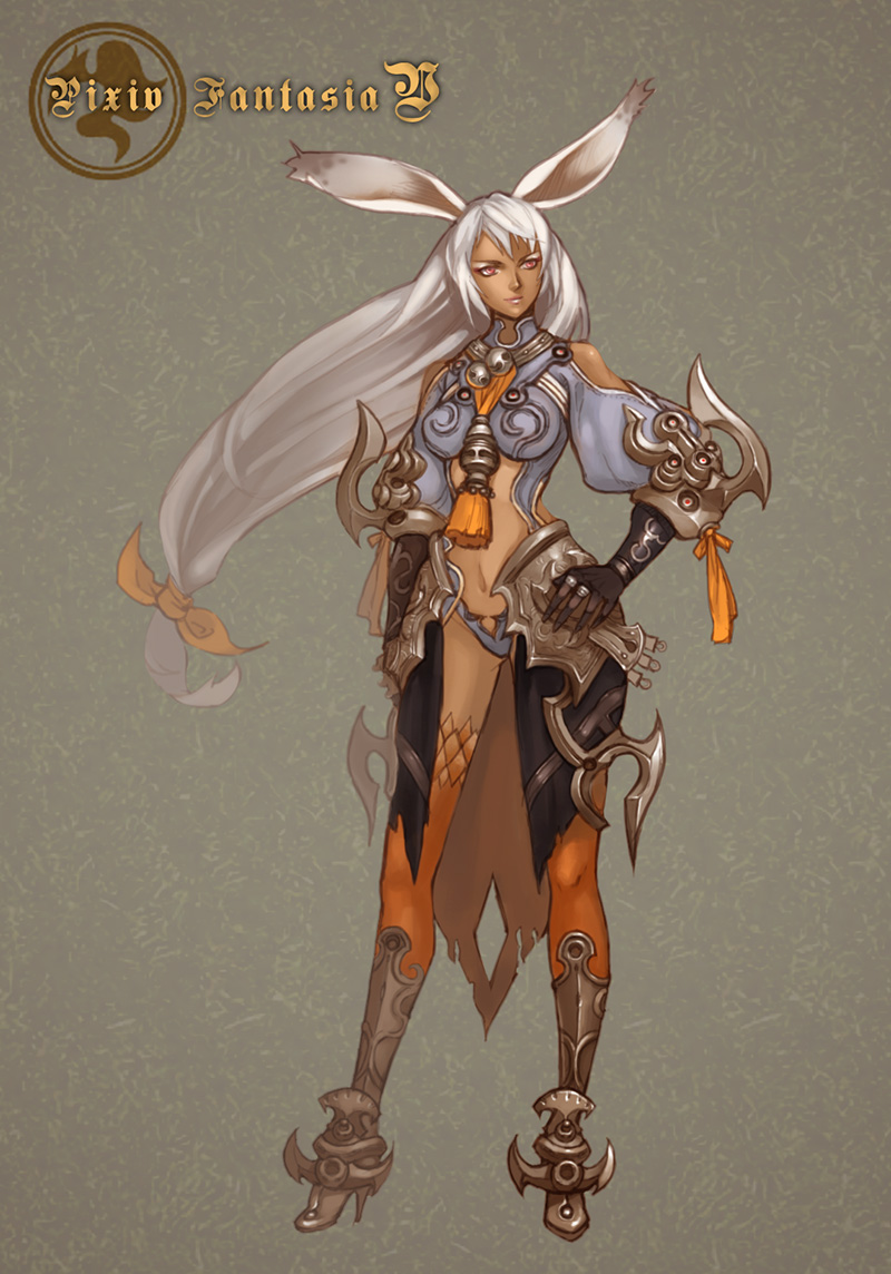 animal_ears, armor, bunny_ears, dark_skin, final_fantasy, long_hair, midriff, peach_(marslave), pixiv_fantasia, pixiv_fantasia_5, red_eyes, solo, viera, white_hair