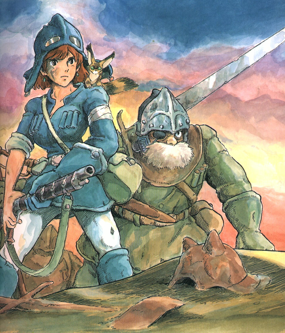 1girl, animal, bag, bandage, bandages, belt, breasts, brown_hair, earrings, eyepatch, facial_hair, gun, helmet, jewelry, kaze_no_tani_no_nausicaa, large_breasts, mito_(nausicaa), miyazaki_hayao, mustache, nausicaa, official_art, rifle, scan, serious, shoulder_bag, single_glove, standing, sword, teto, traditional_media, watercolor_(medium), weapon