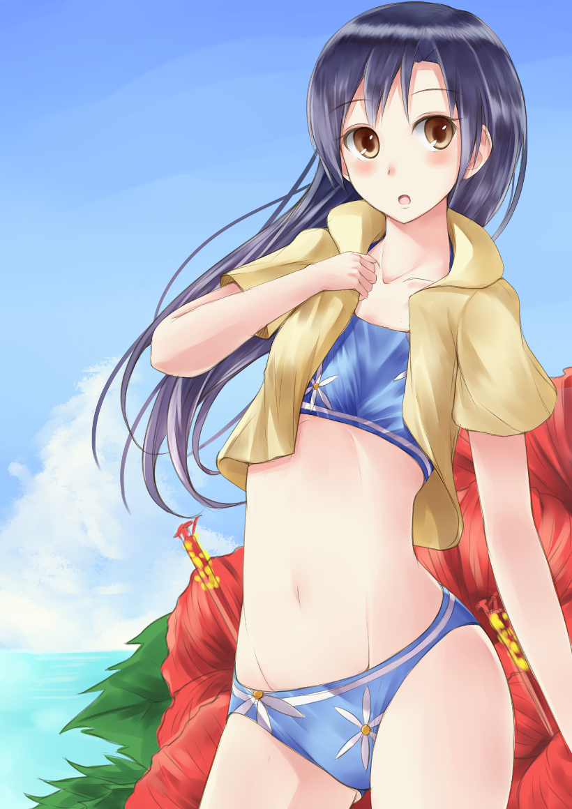 blue_hair, brown_eyes, flat_chest, flower, idolmaster, kino_(kino_buro), kisaragi_chihaya, long_hair, navel, ocean, open_mouth, sky, swimsuit