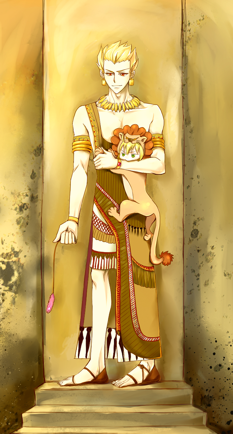 1boy, 1girl, ahoge, blonde_hair, bracelet, cat_tail, earrings, epic_of_gilgamesh, fate/stay_night, fate/zero, fate_(series), fine_art_parody, gilgamesh, green_eyes, highres, jewelry, male, necklace, parody, pianowhite, red_eyes, saber, saber_lion, sandals, short_hair, tail, toga