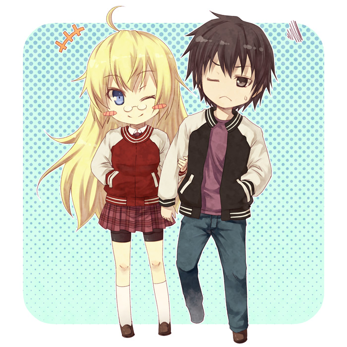 1girl, ahoge, arm_holding, ben-tou, bike_shorts, black_hair, blonde_hair, blue_eyes
