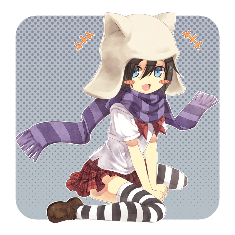 1girl, animal_hat, ben-tou, black_hair, blue_eyes, blush_stickers, cat_hat, halftone