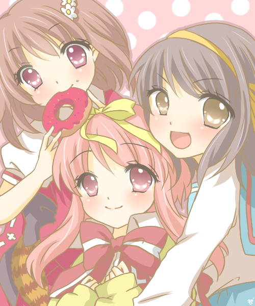 akihime_sumomo, brown_eyes, brown_hair, creator_connection, crossover, doughnut, flyable_heart, hair_ribbon