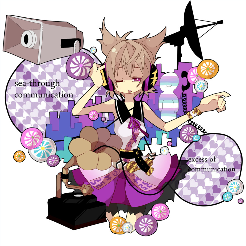 belt, blonde_hair, brown_hair, dress, engrish, headphones, highres, horn