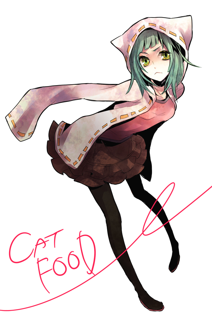 :<, black_legwear, cat_food_(vocaloid), cat_hood, green_hair, hatsune_miku, hood, macco, pantyhose, skirt, sleeves_past_wrists, solo, vocaloid, yellow_eyes