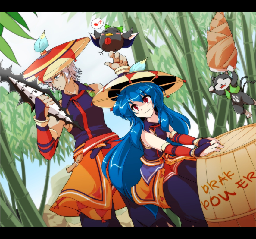 alternate_costume, bad_id, bamboo, bamboo_forest, bamboo_shoot, barrel, bird, blue_hair