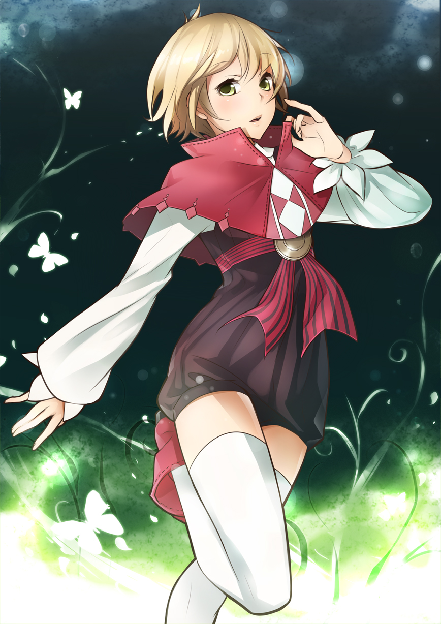 blonde_hair, brown_hair, butterfly, capelet, highres, long_sleeves, looking_at_viewer, matsuda_suzuri
