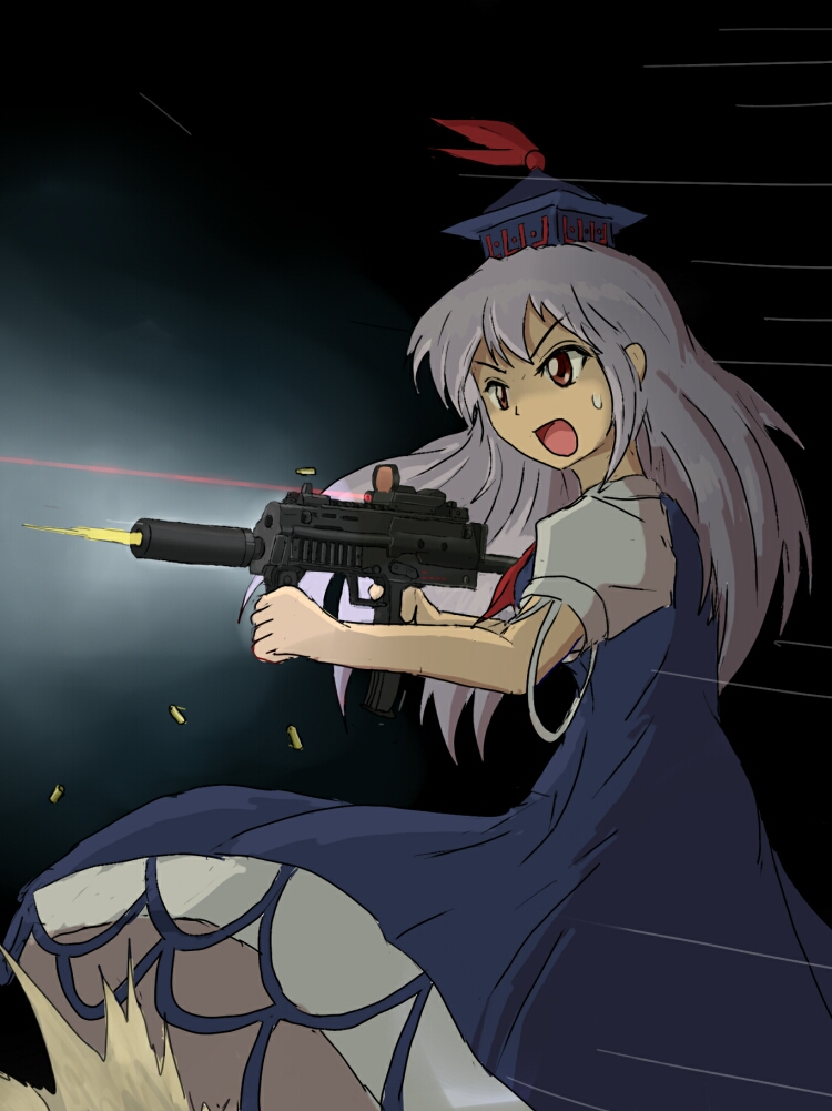 firing, gun, h&amp;k_mp7, heckler_&amp;_koch, kamishirasawa_keine, laser_sight, long_hair, muzzle_flash, open_mouth, shell_casing, submachine_gun, suppressor, sweat, touhou, tsunozemi, vertical_foregrip, weapon, white_hair