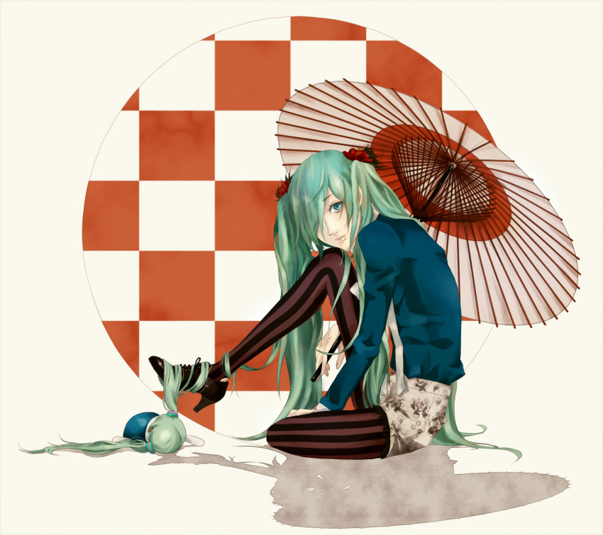 aqua_eyes, aqua_hair, fashion, hair_over_one_eye, hair_ribbon, hatsune_miku, high_heels, highres