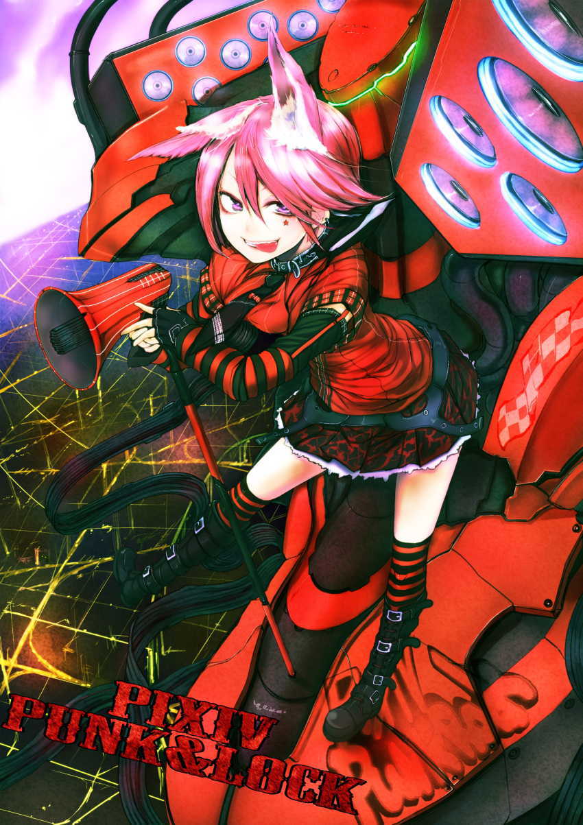 :p, absurdres, animal_ears, boots, cable, detached_sleeves, earrings, fingerless_gloves