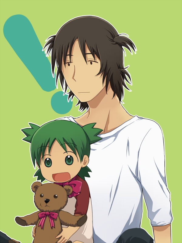 1boy, 1girl, 326, alternate_hairstyle, black_hair, child, duralumin, father_and_daughter, green_eyes, green_hair, koiwai_yotsuba, mr_koiwai, ribbon, stuffed_animal, stuffed_toy, teddy_bear, twintails, yotsubato!