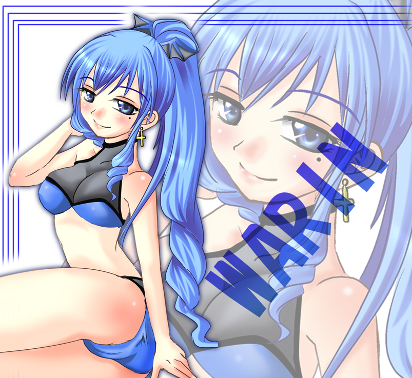 blue_eyes, blue_hair, drill_hair, kiritsuki_yuu_koromo, ponytail, swimsuit, umi_monogatari, warin