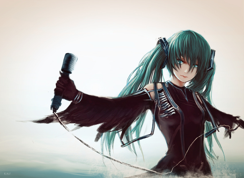 green_eyes, green_hair, hatsune_miku, highres, k.n.f, long_hair, microphone, outstretched_arms, solo, spread_arms, twintails, vocaloid