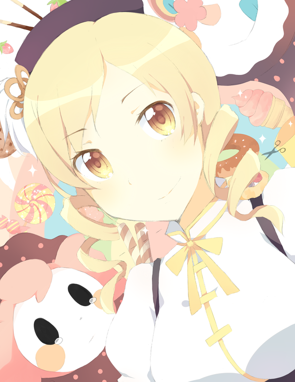 beret, blonde_hair, breasts, candy, charlotte_(madoka_magica), cookie, doughnut, drill_hair, dutch_angle, food, fruit, hair_ornament, hat, ice_cream, kiwi_(artist), large_breasts, lollipop, magical_girl, mahou_shoujo_madoka_magica, scissors, strawberry, swirl_lollipop, taut_shirt, tomoe_mami, tongue, yellow_eyes