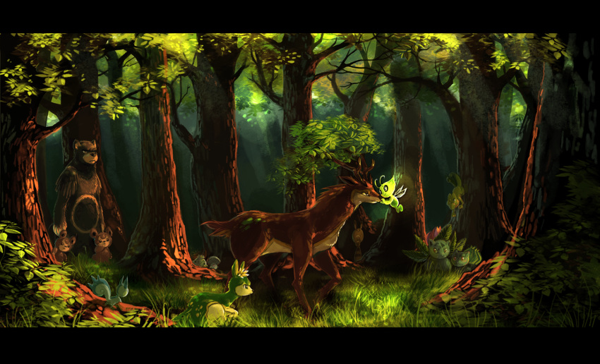 bulbasaur, celebi, deer, deerling, foongus, forest, grass, highres