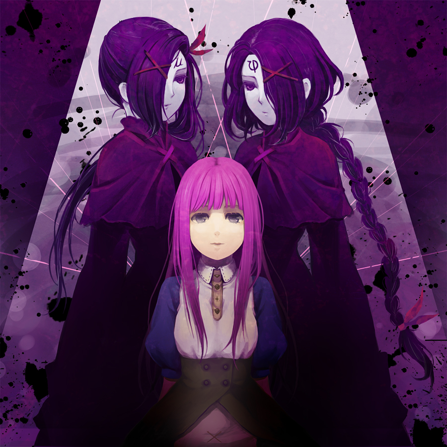 bad_id, braid, cape, dress, facial_mark, grey_eyes, hair_ornament, hair_over_one_eye, hair_ribbon, hairclip, long_hair, moira, mu_(sound_horizon), multiple_girls, phi_(sound_horizon), purple_eyes, purple_hair, ribbon, riku_(me-in), sound_horizon, thanatos-ko, thanatos_(album), violet_eyes