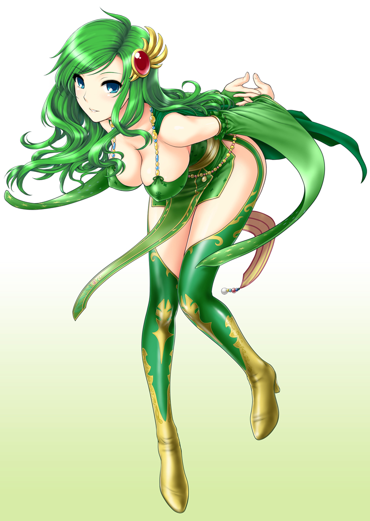 1girl, arms_behind_back, bent_over, blue_eyes, breasts, final_fantasy, final_fantasy_iv, green