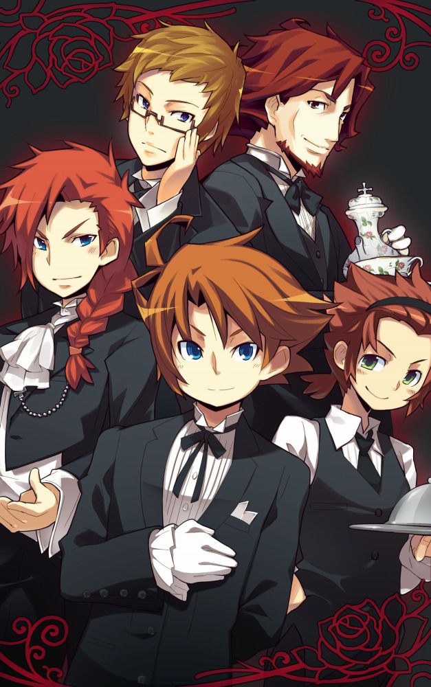 beard, berry_(blue_roses), blue_eyes, blue_roses, brown_hair, butler, glasses, gloves