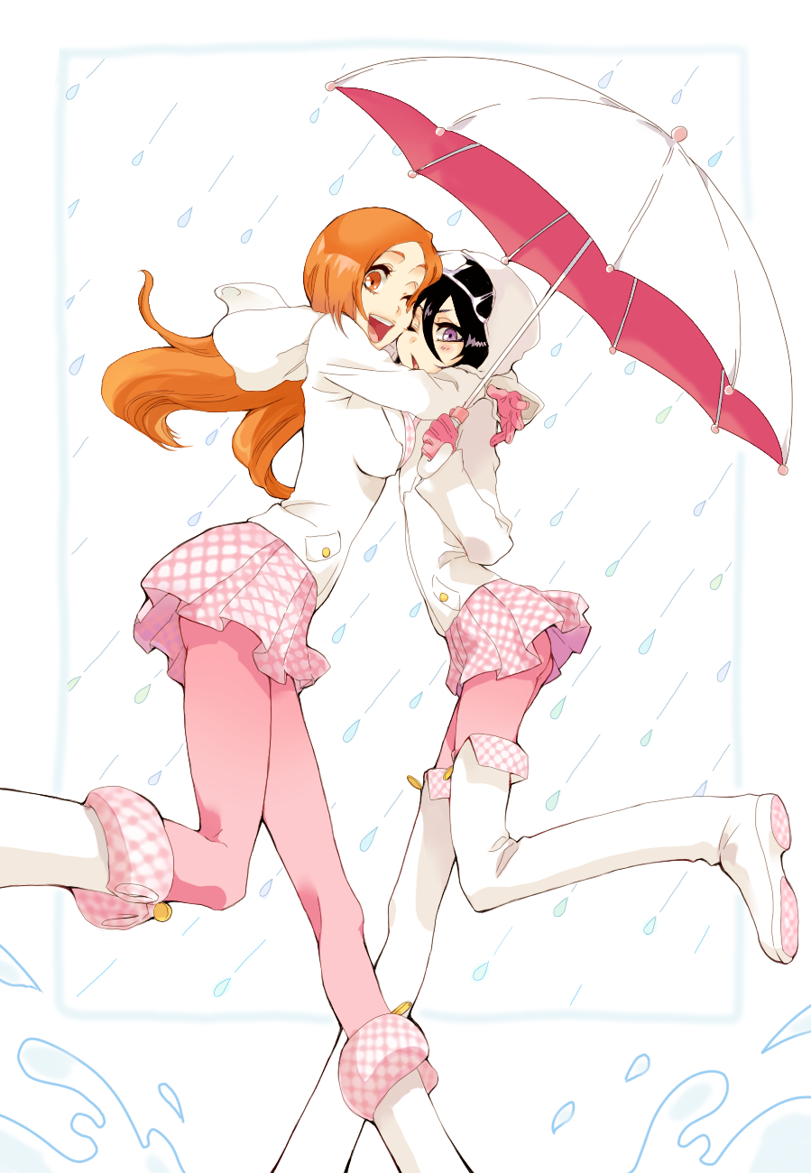 2girls, bad_id, black_hair, bleach, boots, derivative_work, female, flat_chest, gloves, hair_between_eyes, highres, hood, hood_down, hoodie, hug, inoue_orihime, jacket, kuchiki_rukia, long_hair, long_sleeves, miniskirt, multiple_girls, one_leg_raised, open_mouth, orange_eyes, orange_hair, pantyhose, pink_gloves, pink_legwear, pink_pantyhose, pleated_skirt, purple_eyes, rain, skirt, souno_kazuki, thigh-highs, thigh_boots, thighhighs, umbrella, upper_teeth, violet_eyes, white_boots, white_footwear, white_jacket, white_thigh_boots, wince, wink