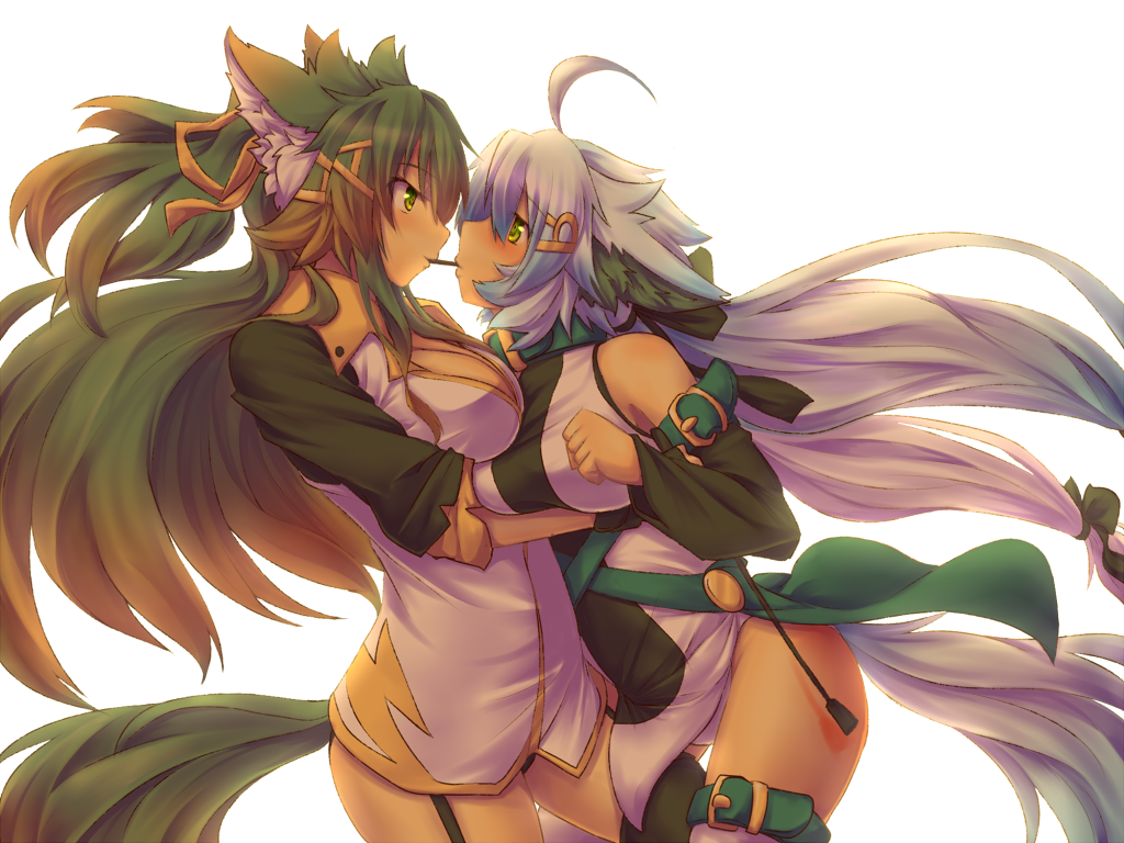 animal_ears, brown_hair, fox_ears, kuromiya, kuromiya_raika, multiple_girls, original, pocky