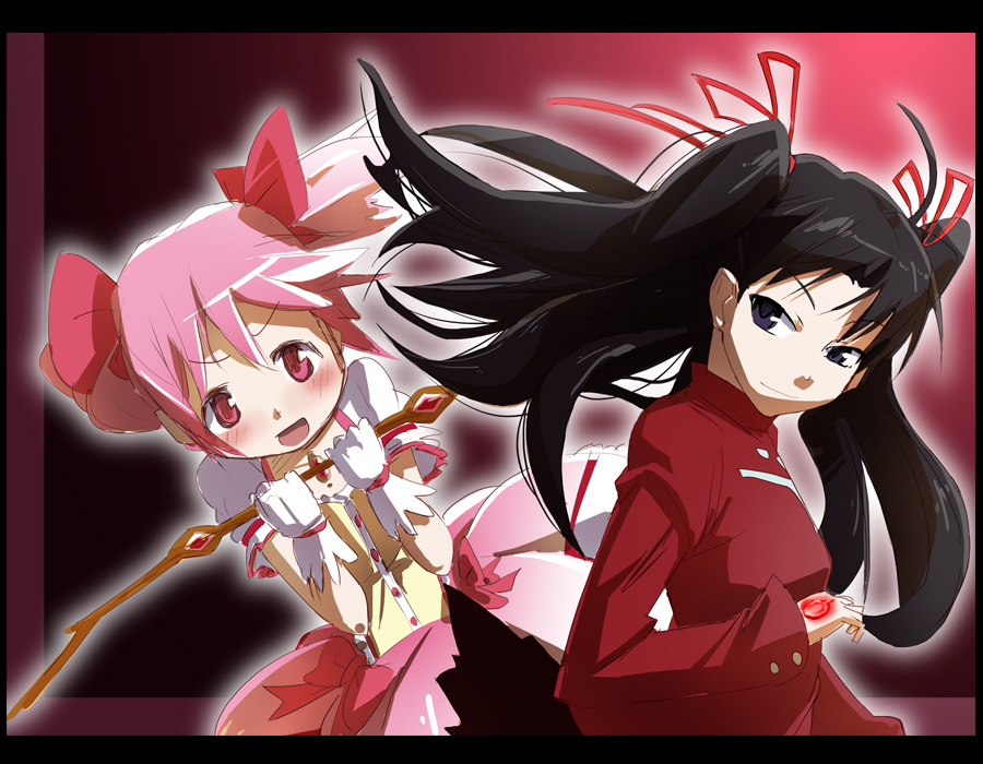 black_hair, bow, bow_(weapon), choker, command_spell, crossover, e.rumoa, fate/stay_night, fate_(series), hair_bow, hair_ribbon, kaname_madoka, magical_girl, mahou_shoujo_madoka_magica, moyashi_koubou, multiple_girls, pink_eyes, pink_hair, puffy_sleeves, purple_eyes, ribbon, short_twintails, tohsaka_rin, toosaka_rin, turtleneck, twintails, violet_eyes, weapon, weapon_connection