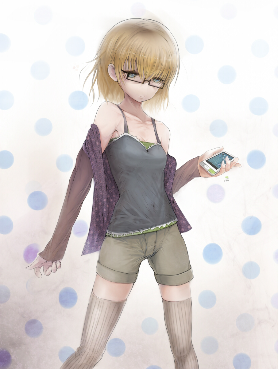 bare_shoulders, blonde_hair, glasses, highres, kenshin, original, short_hair, shorts, solo, thigh-highs, thighhighs