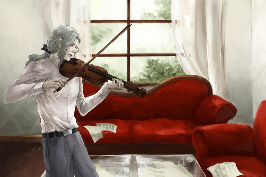 bow, bow_(instrument), couch, curtains, email555, grey_hair, hair_bow, instrument, long_hair, male, pale_skin, ponytail, scenery, sheet_music, solo, tiger_&amp;_bunny, violin, window, yuri_petrov
