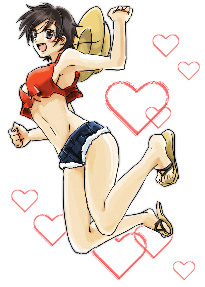 1girl, artist_request, breasts, brown_eyes, brown_hair, denim, denim_shorts, flip-flops, genderswap, hat, hat_removed, headwear_removed, heart, ichihara2929, jumping, legs, luffyko, midriff, monkey_d_luffy, one_piece, sandals, short_hair, short_shorts, shorts, sideboob, smile, solo, straw_hat, underboob