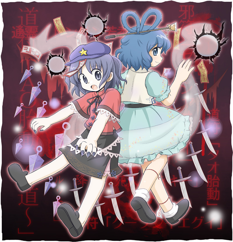 beret, blue_eyes, blue_hair, dress, hair_rings, hair_stick, hat, jiangshi