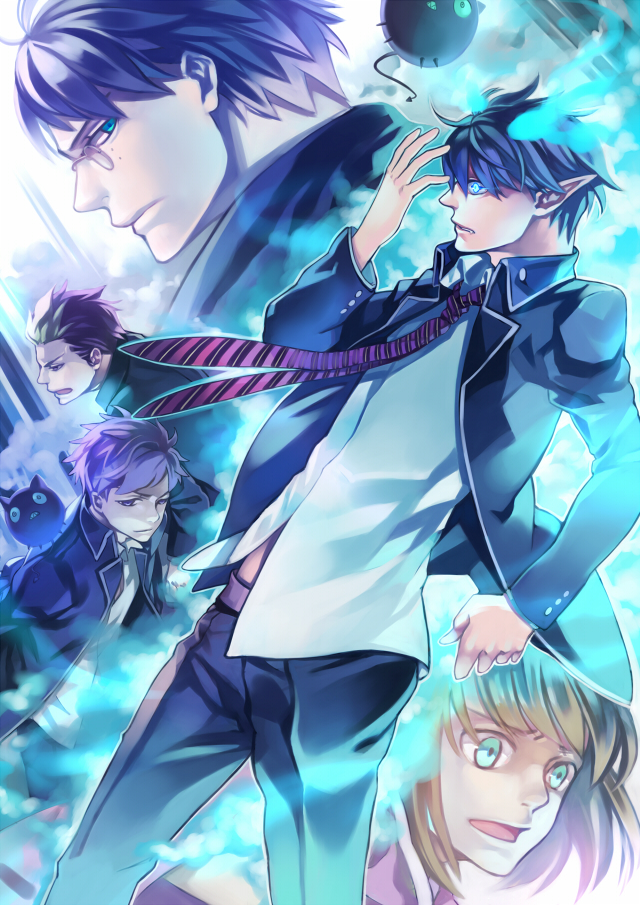 4boys, ao_no_exorcist, black_hair, blazer, blonde_hair, blue_eyes, blue_fire, fire, glasses, kellked, kuro_(ao_no_exorcist), mole, moriyama_shiemi, multiple_boys, okumura_rin, okumura_yukio, pointy_ears, school_uniform, shima_renzou, short_hair, suguro_ryuuji
