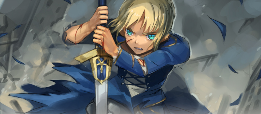 ahoge, aqua_eyes, blonde_hair, blood, blood_on_face, blue_eyes, cuts, dress