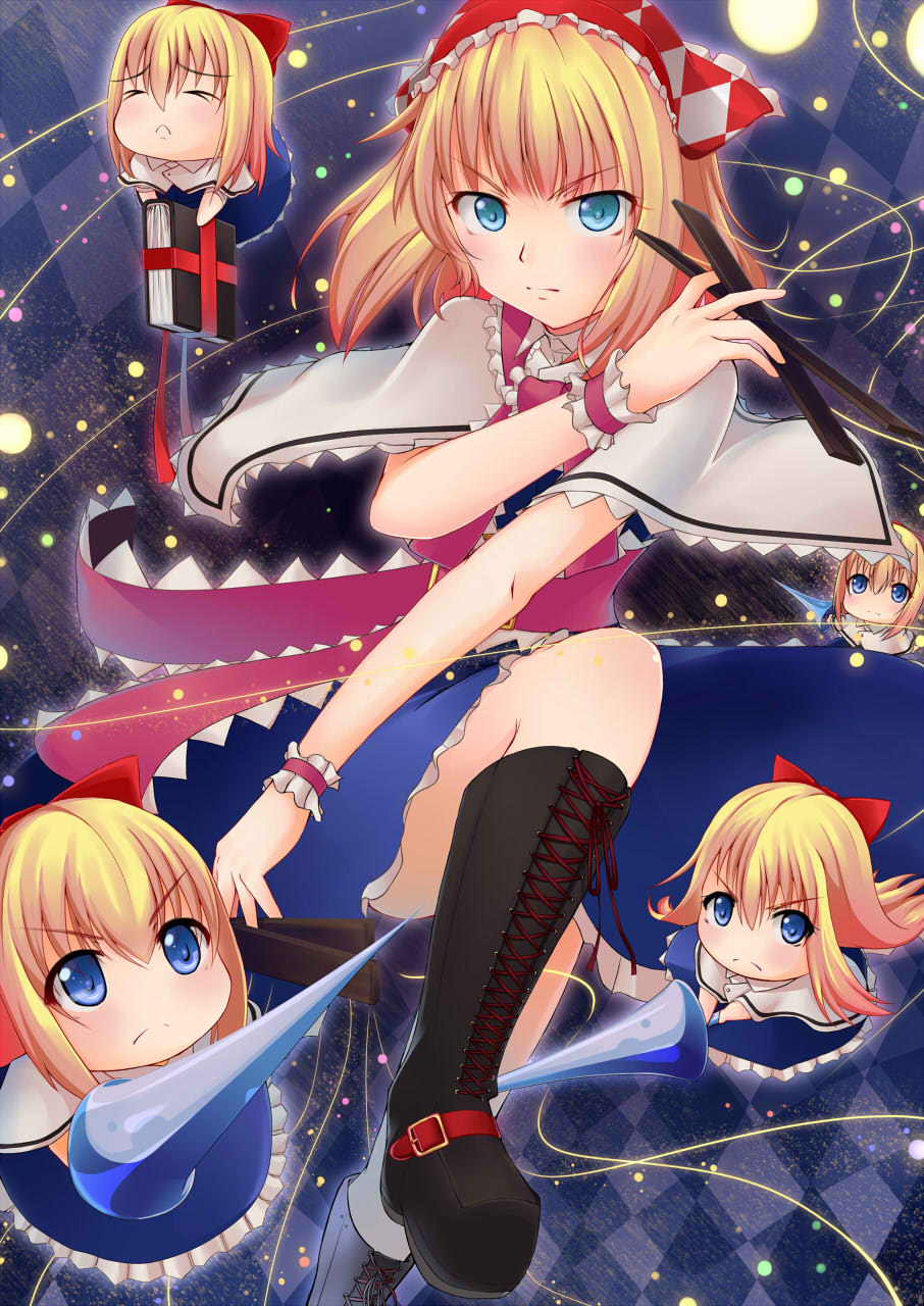 alice_margatroid, blonde_hair, blue_eyes, book, boots, capelet, cross-laced_footwear, doll