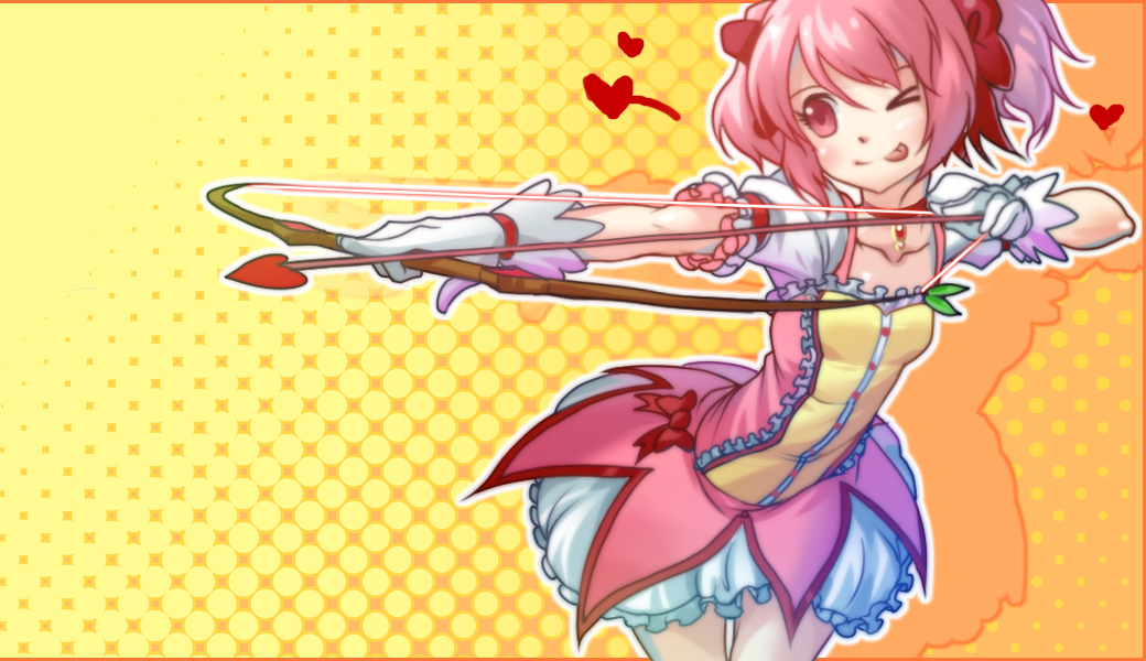 >_<, ;p, arrow, bow_(weapon), bubble_skirt, choker, dress, gloves