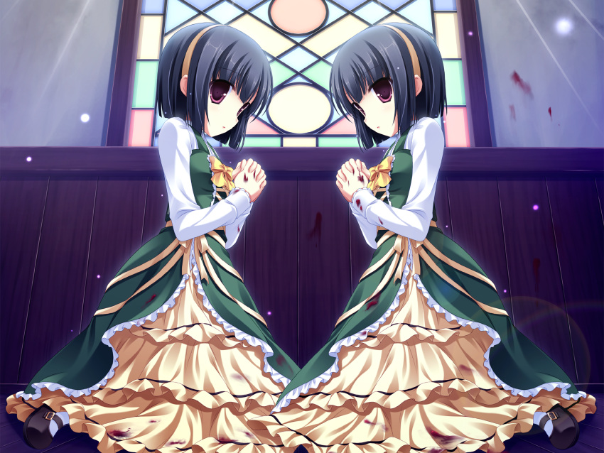 black_hair, blood, dress, game_cg, midori_no_umi, rikuno_(midori_no_umi), short_hair, sorane_(midori_no_umi)