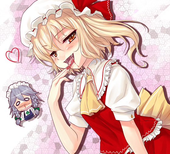 ascot, blood, fangs, flandre_scarlet, hat, heart, izayoi_sakuya, multiple_girls