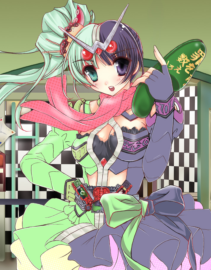 belt, female, food_as_clothes, gaia_memory, genderswap, hair_ornament, heterochromia, kamen_rider