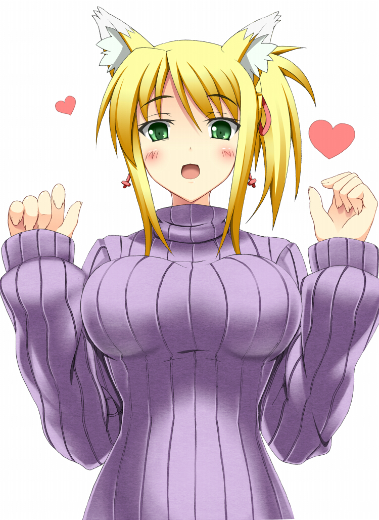 animal_ears, blonde_hair, breasts, dog_days, earrings, fox_ears, green_eyes, hands, heart, jewelry, large_breasts, ribbed_sweater, short_hair, simple_background, solo, sweater, yujin-yujin, yukikaze_panettone