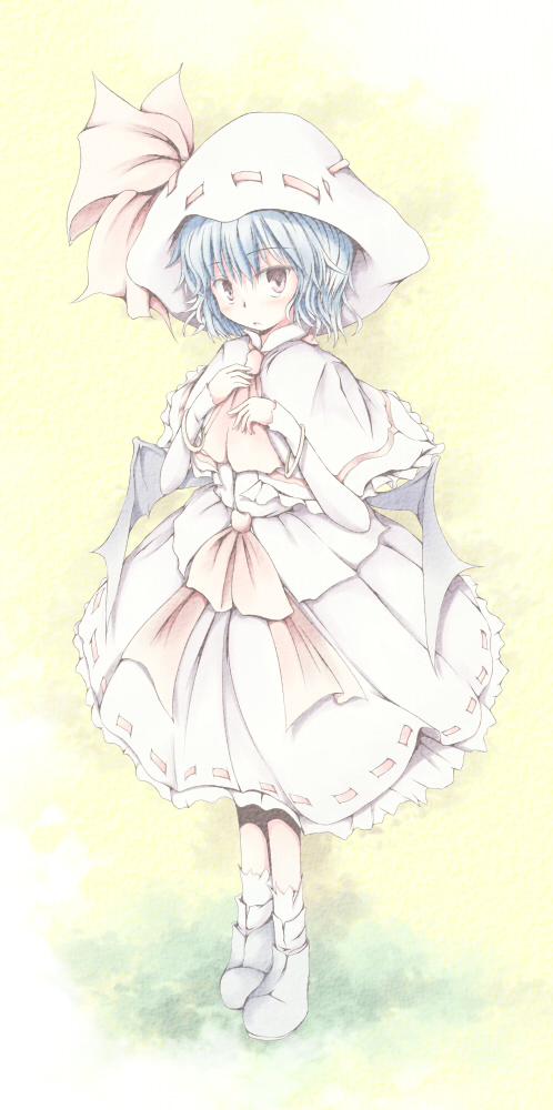 alternate_costume, ascot, bat_wings, blue_hair, blush, capelet, curiosities_of_lotus_asia, hat