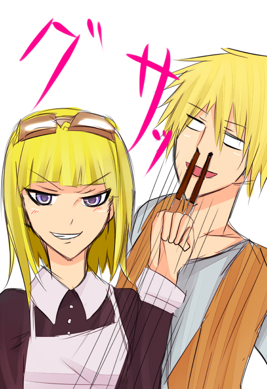 angry, apron, blank_eyes, blonde_hair, blue_eyes, color, evil, goggles